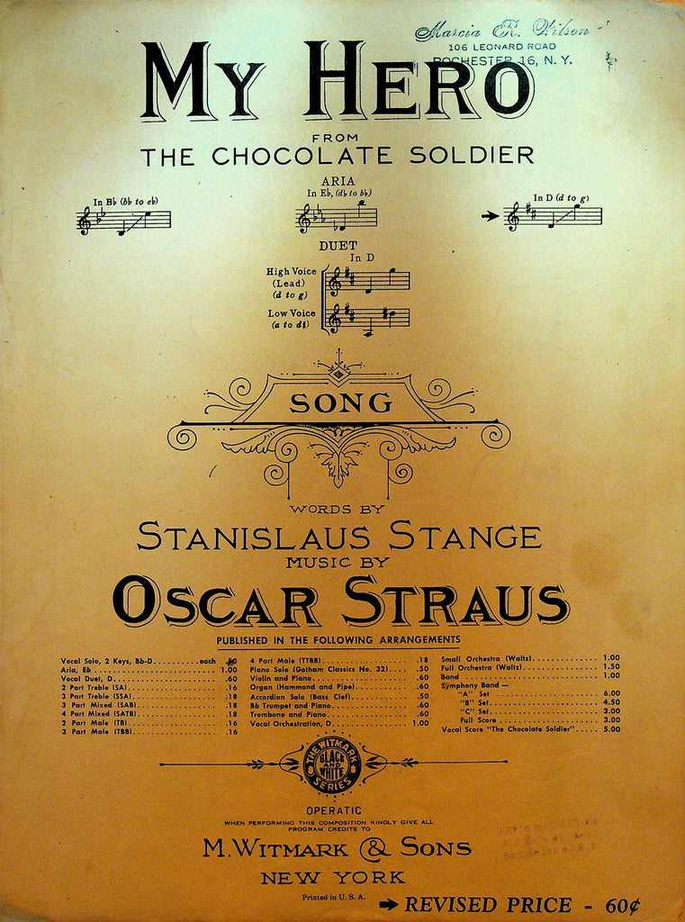 My Hero Sheet Music from the Chocolate Soldier