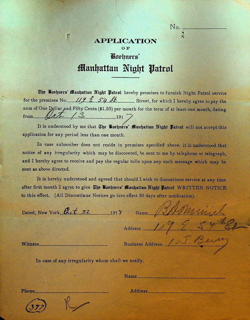 Boehners Manhattan Night Patrol Signed Contract 1917 119 East 54th St