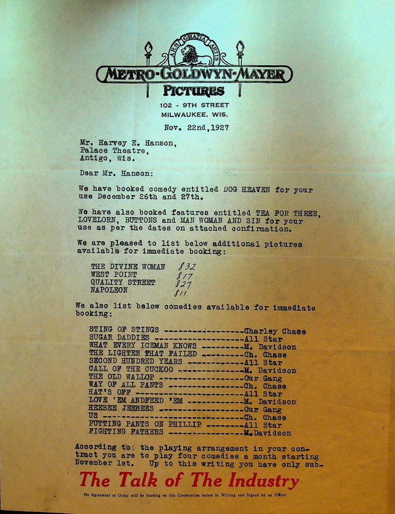 Metro Goldwyn Mayer MGM Letterhead November 22 1927 Buffalo Bill's Last Fight0