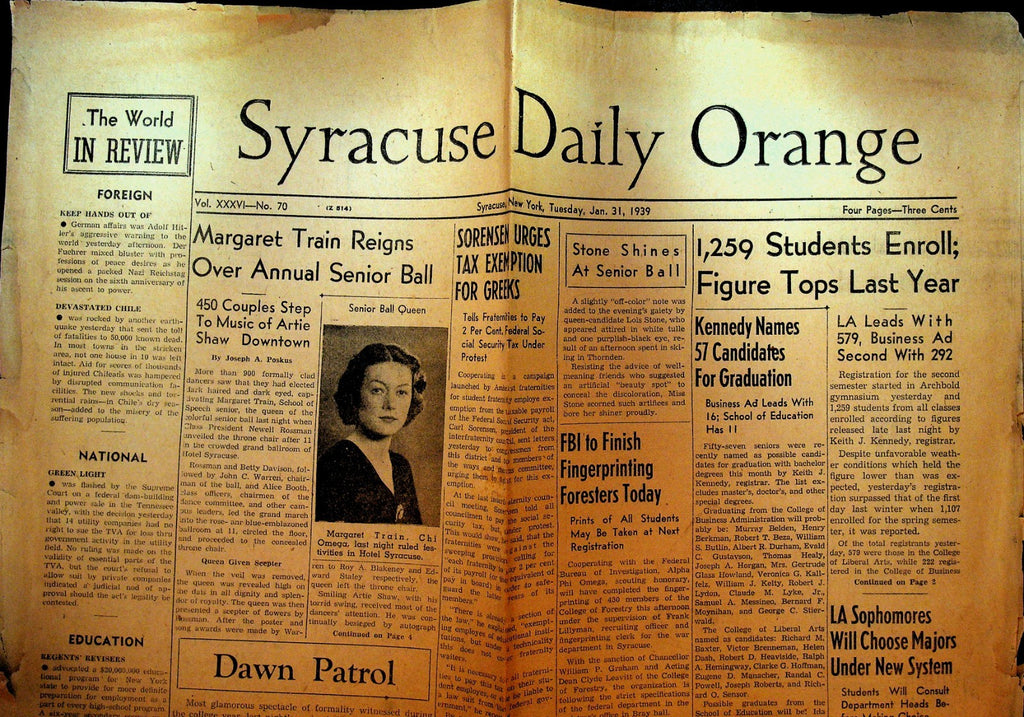 Syracuse Daily Orange College Newspaper January 31 1939 Margaret Train0