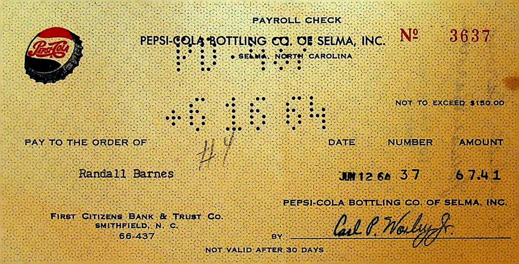 Pepsi Cola Bottling of Selma North Carolina Payroll Check 1964 First Citizens0