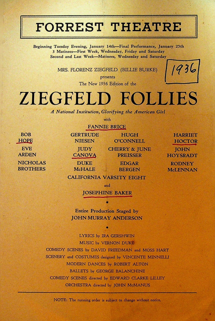 Ziegfeld Follies 1936 Playbill Bob Hope Josephine Baker Fannie Brice Judy Canova0