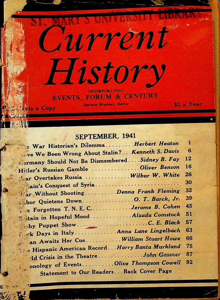 Current History Magazine September 1941 WWII Germany Russia FIRST ISSUE0