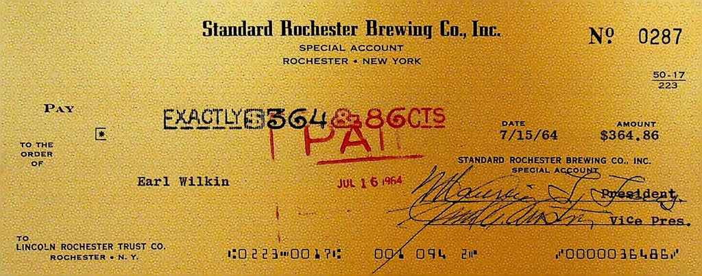 Standard Rochester Brewing Co Check NY 19640