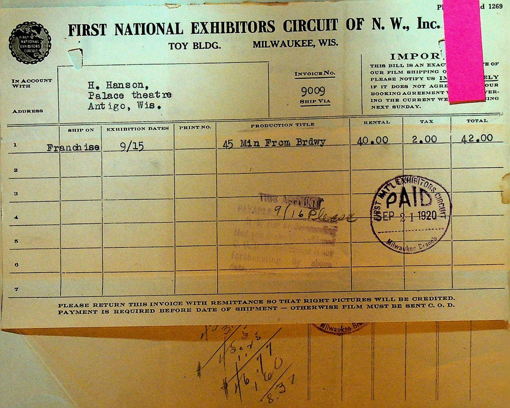 First National Exhibitors Circuit Invoice September 15 1920 45 Minutes Broadway0