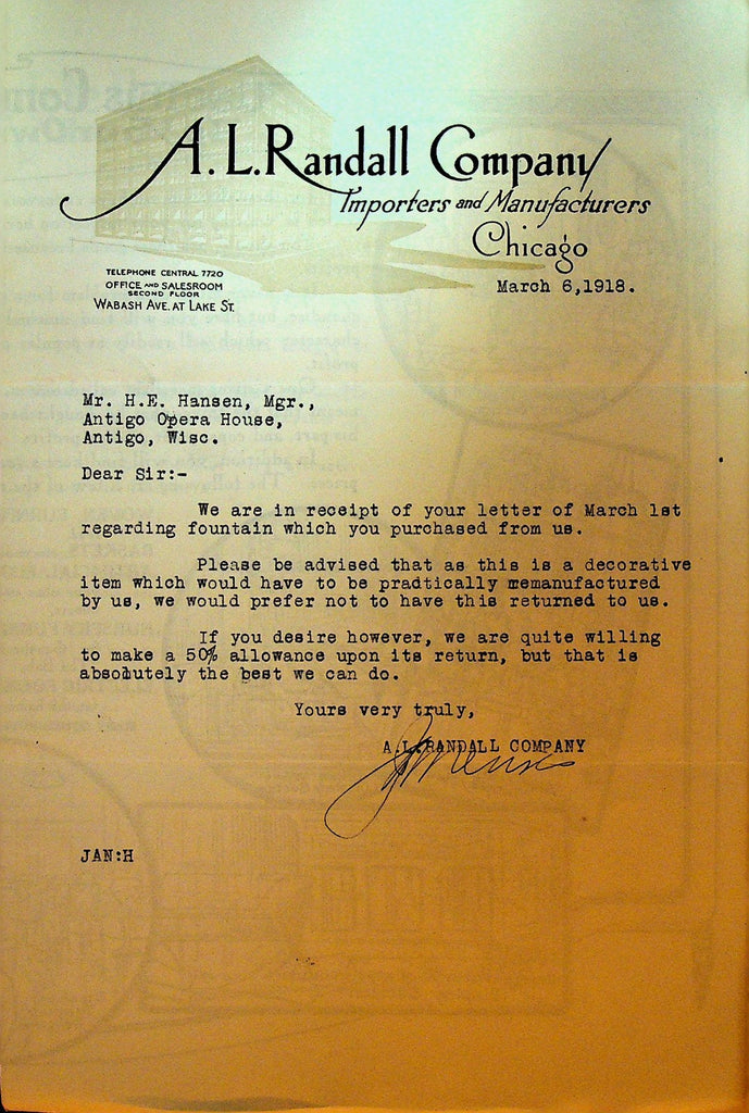AL Randall Letterhead March 6 1918 Chicago Fountain Return0
