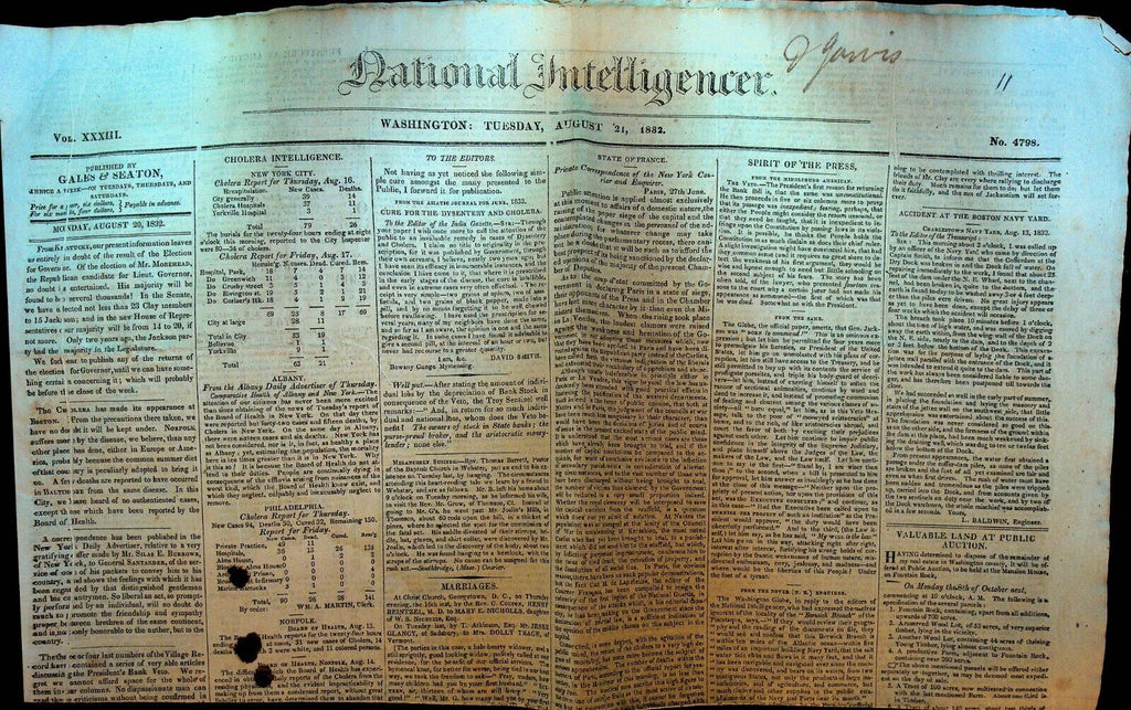 National Intelligencer August 21 1832 Cholera Outbreak President's Bank Veto