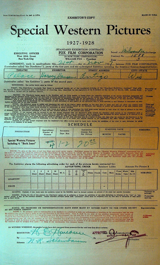 Fox Film Special Western Pictures Contract 1927 Buck Jones Westerms0