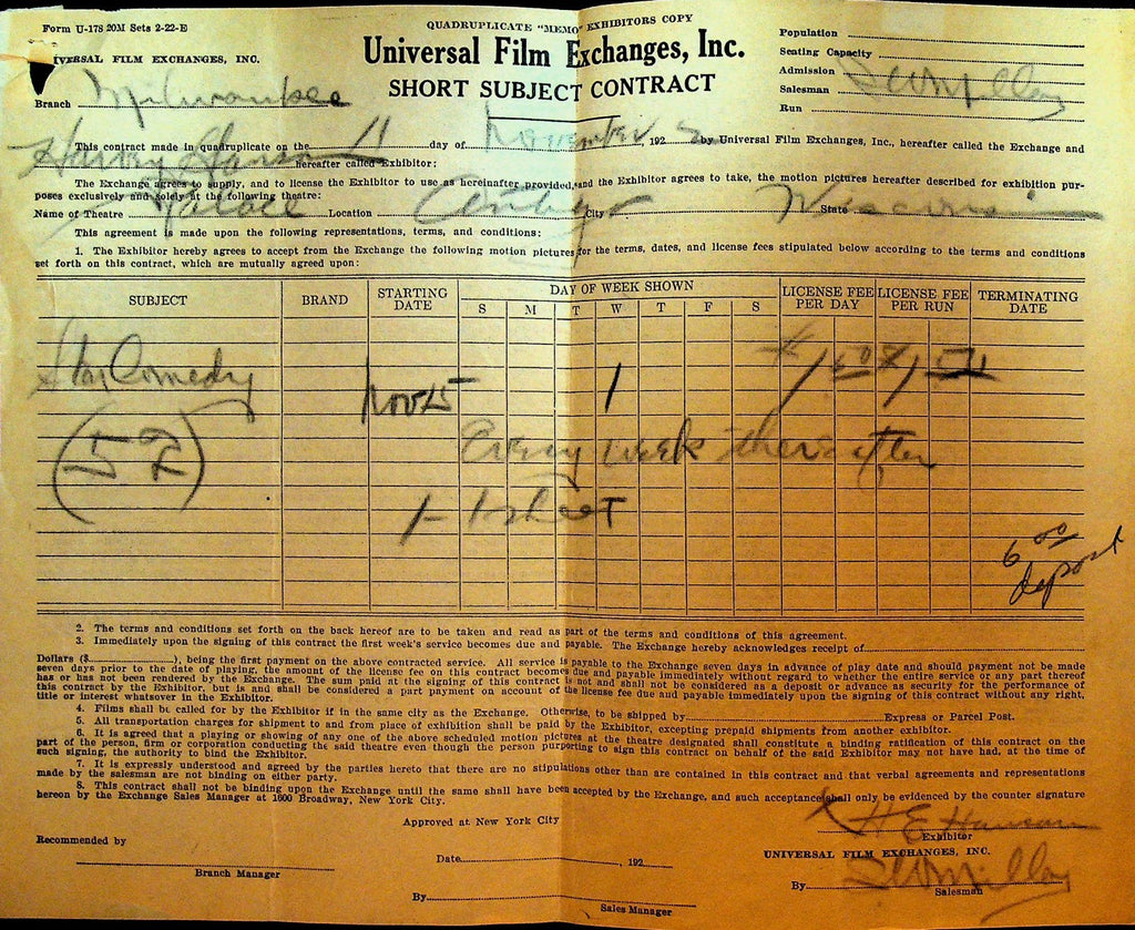 Universal Film Exchanges Contract November 11 1922 Star Comedy Short0
