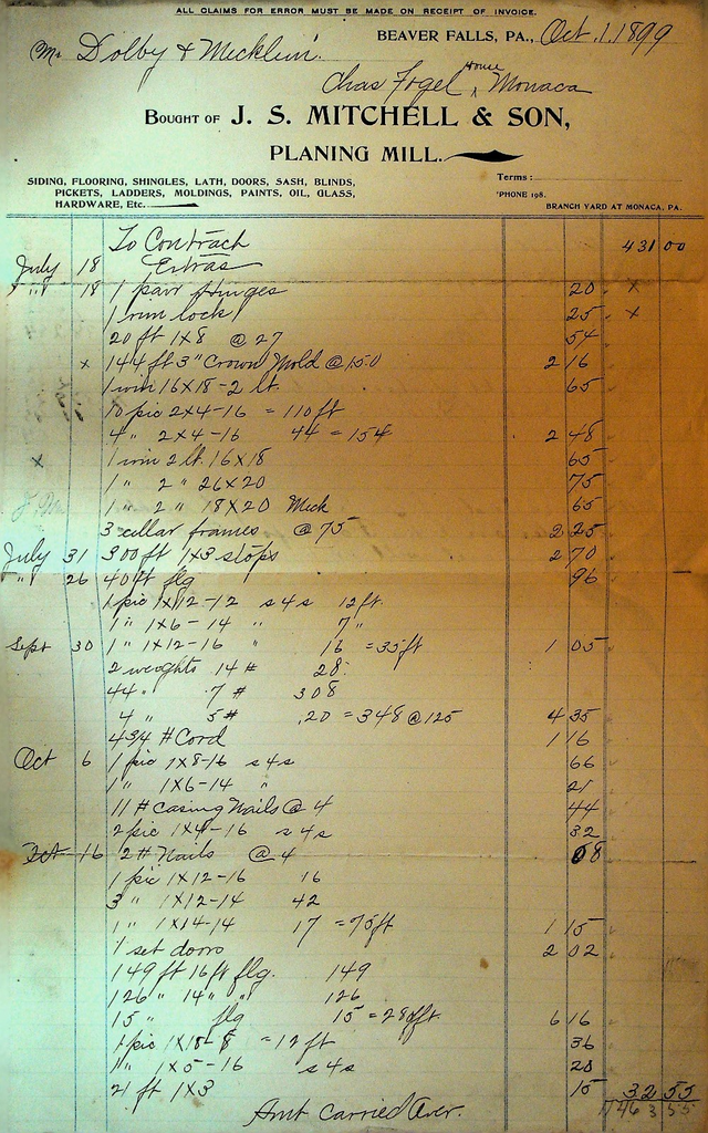 JS Mitchell & Son Billhead Beaver Falls Pa October 1 1899 Planing Mill0