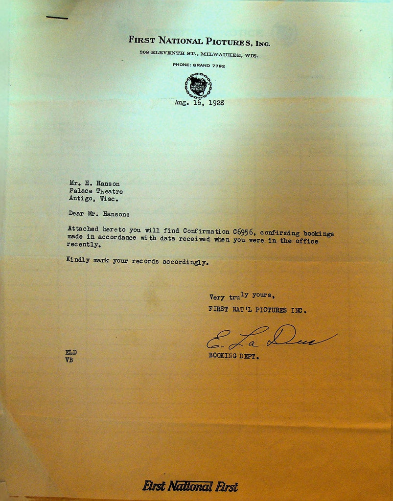 First National Pictures Letterhead August 16 1928 Heart Trouble Happiness Ahead0