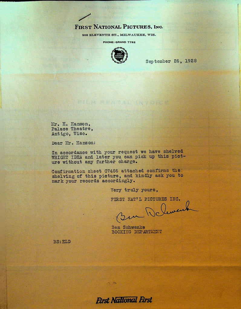 First National Pictures September 26 1928 Wright Idea Invoice Letterhead Notice0