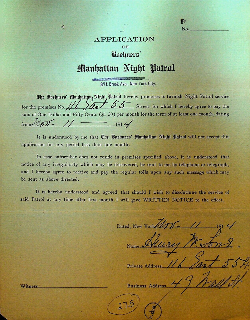 Boehners Manhattan Night Patrol Signed Contract 1914 Henry Lone 116 E 55th St