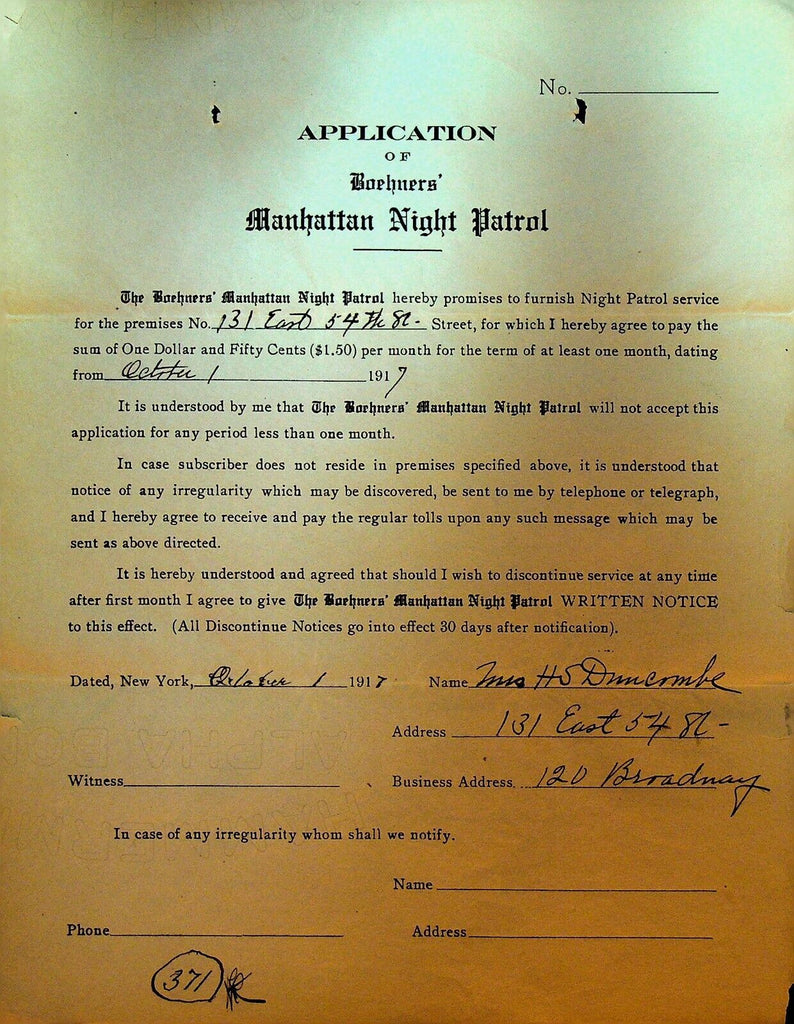 Boehners Manhattan Night Patrol Signed Contract 1917 Mrs HS Duncombe 131 E 54th