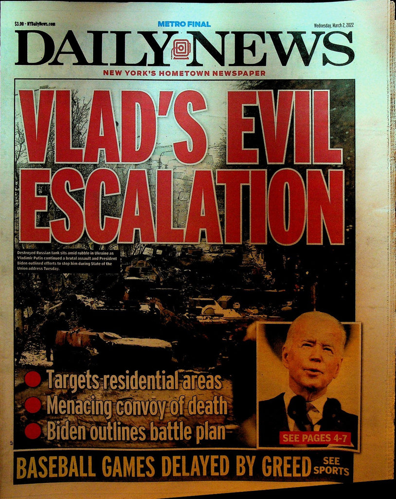 New York Daily News March 2 2022 Vladimir Putin Ukraine MLB Lockout Baseball0