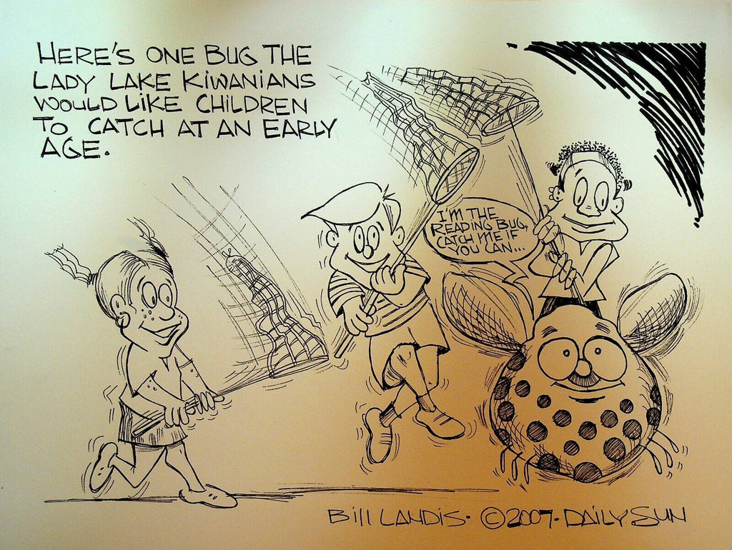 Bill Landis Original Cartoon Art The Villages Daily Sun 2007 Reading Bug