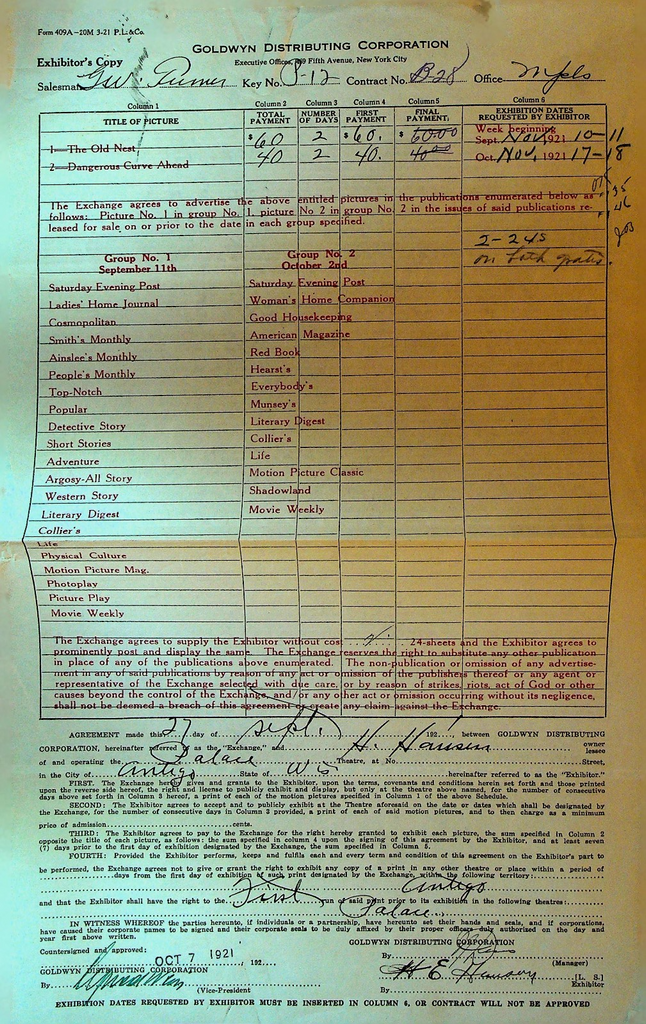 Goldwyn Distributing Contract September 27 1921 Dangerous Curve Ahead0