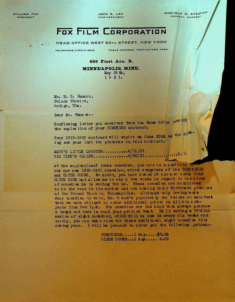Fox Film Letterhead May 25 1921 Mary's Little Lobster His Wife's Caller0