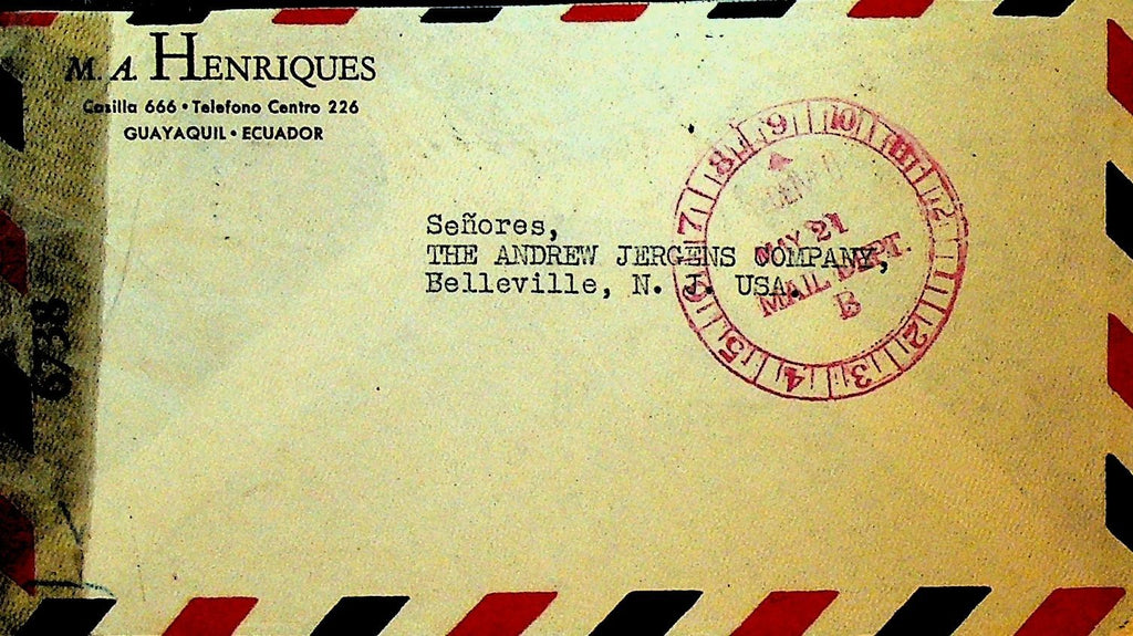 Ecuador Cover WWII May 21 1945 To Andrew Jergens Co Belleville NJ Censored0