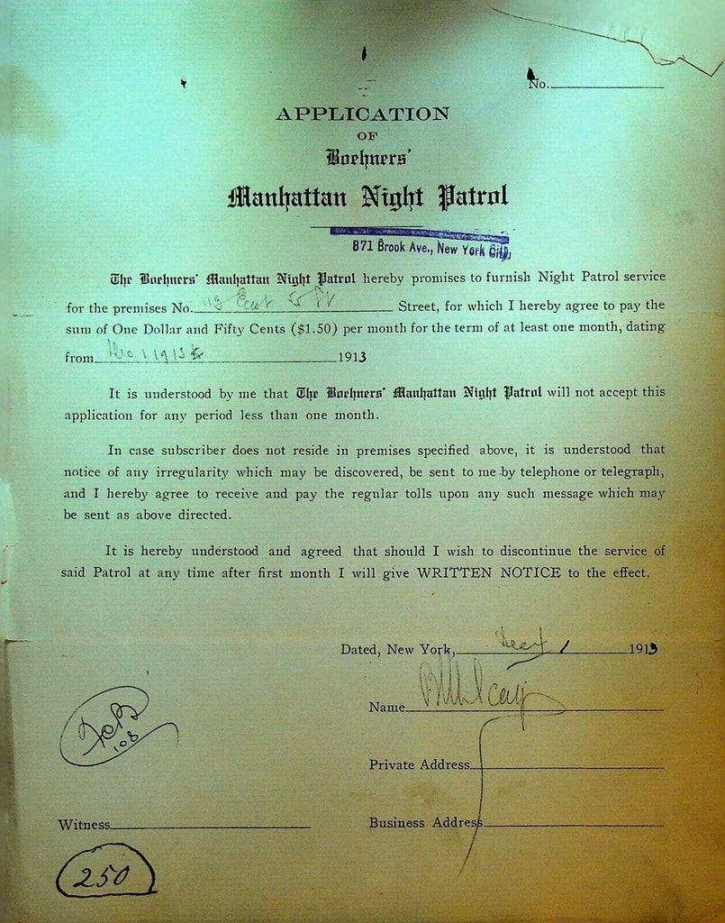 Boehners Manhattan Night Patrol Signed Contract 1913 113 East 55th St NYC