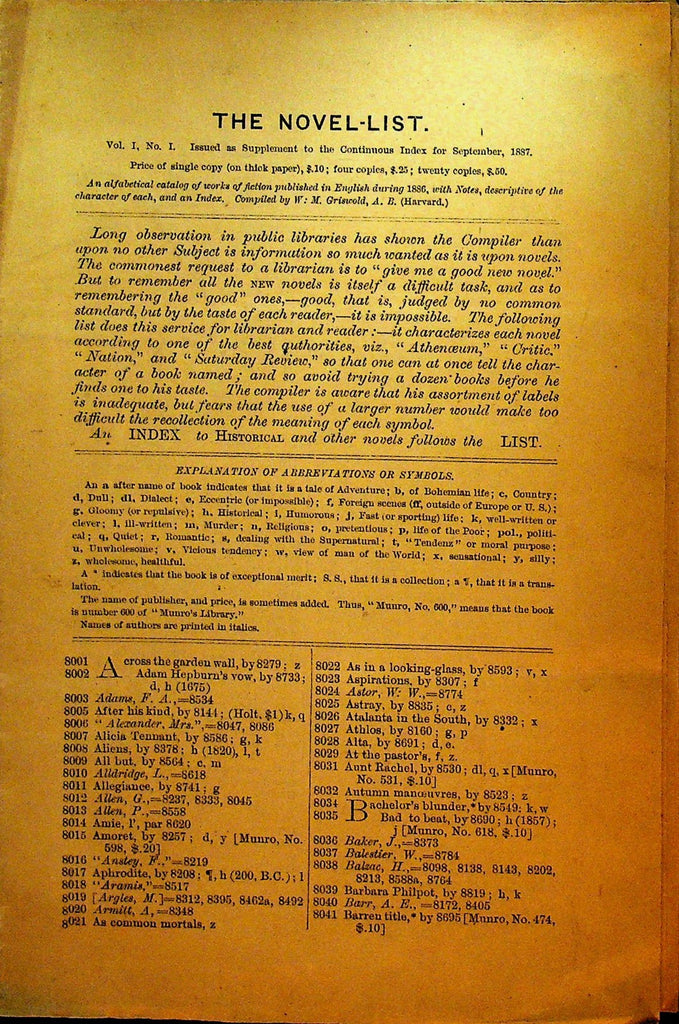 The Novel-List September 1887 WM Griswold Continuous Index0