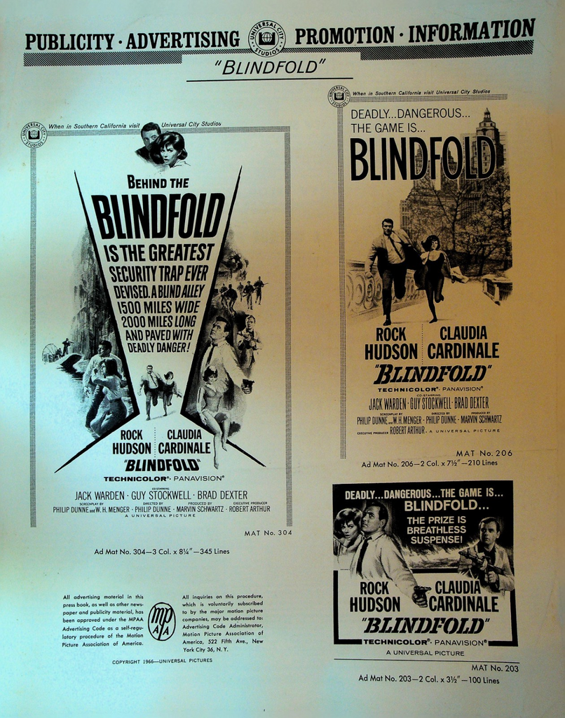 Blindfold Universal Pictures Advertising Promotion Information Rock Hudson 19660