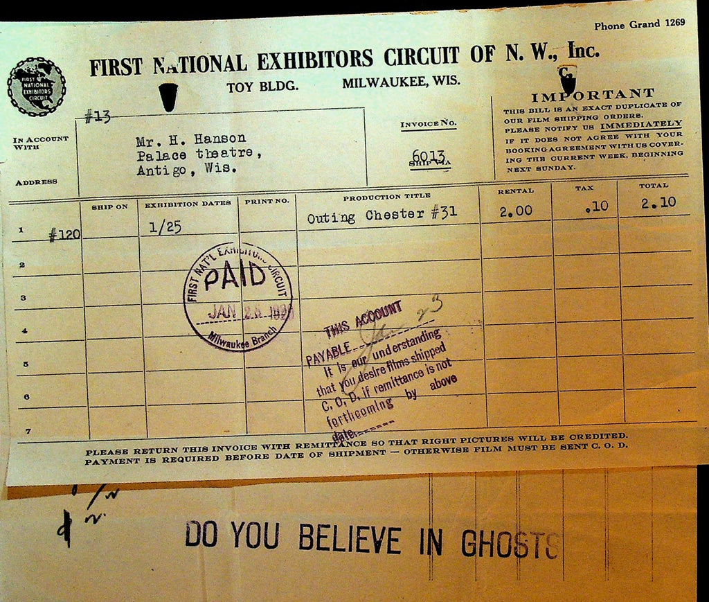 First National Exhibitors Circuit Invoice January 28 1920 Outing Chester #310
