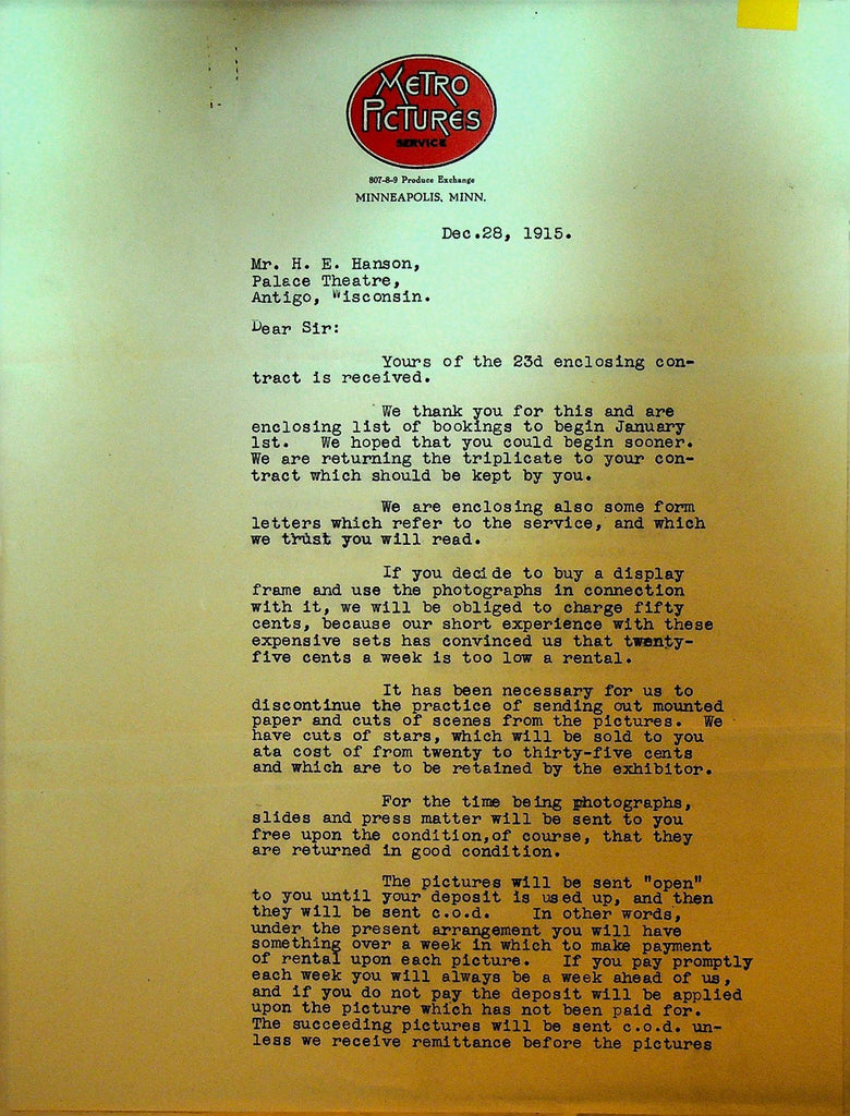 Metro Pictures Letterhead December 28 1915 Mounted Pictures and Displays0