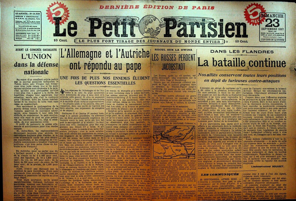 Le Petit Parisien WWI Newspaper France September 23 1917 Flanders Battle