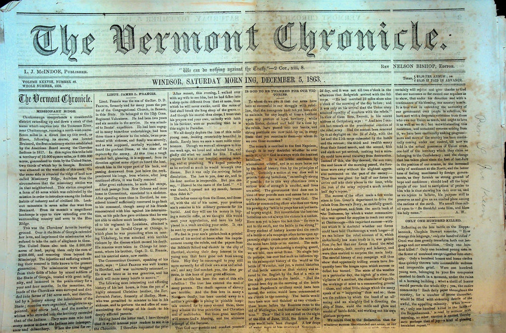 Vermont Chronicle December 5 1863 Civil War James L Francis0