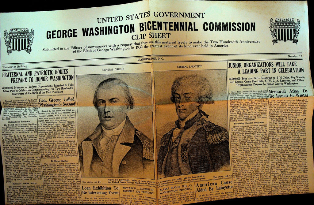 George Washington Bicentennial Commission Clip Sheet Lot of 17 19320