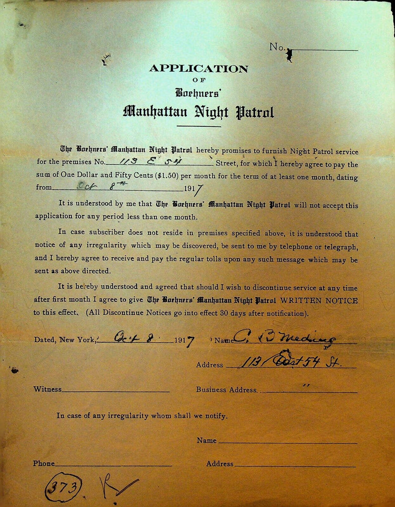 Boehners Manhattan Night Patrol Signed Contract 1917 CB Meding 113 East 54th St