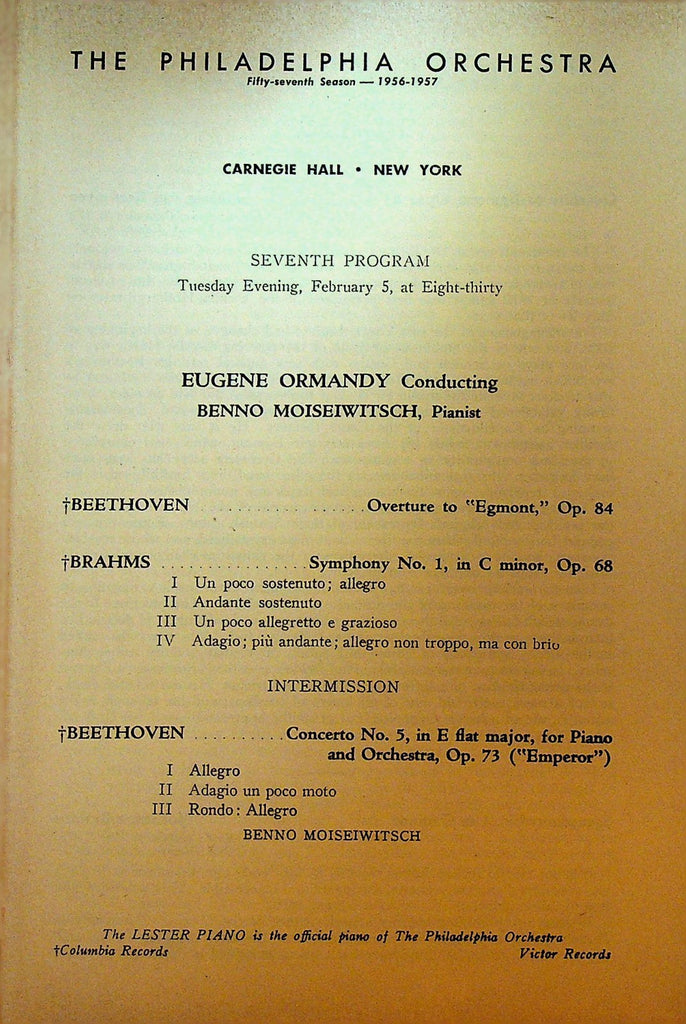 Philadelphia Orchestra Carnegie Hall Program February 5 1957 Eugene Ormandy0