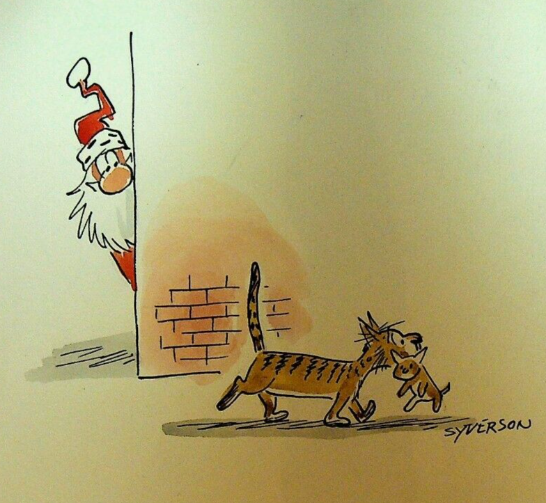 Henry S Syverson Original Art Santa Claus Cat Christmas