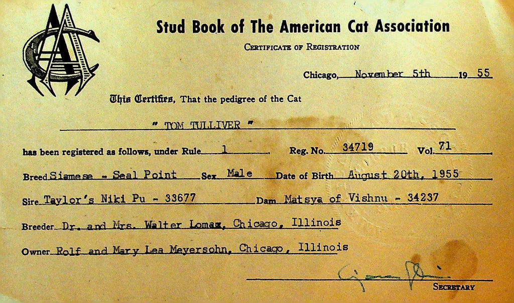 Stud Book of American Cat Association Certificate of Registration Siamese 19550