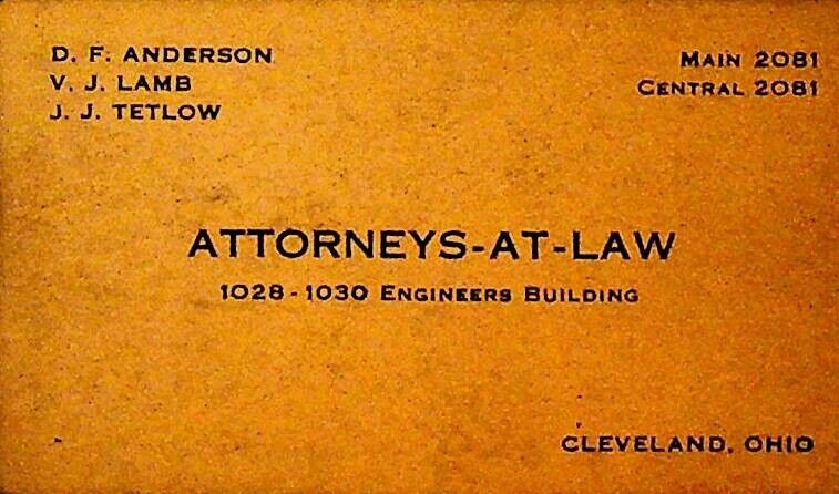 Anderson Lamb Tetlow Attorneys Business Card 1930s Cleveland Ohio
