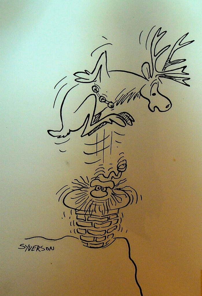 Henry S Syverson Original Reindeer Pushing Santa Down Chimney Christmas