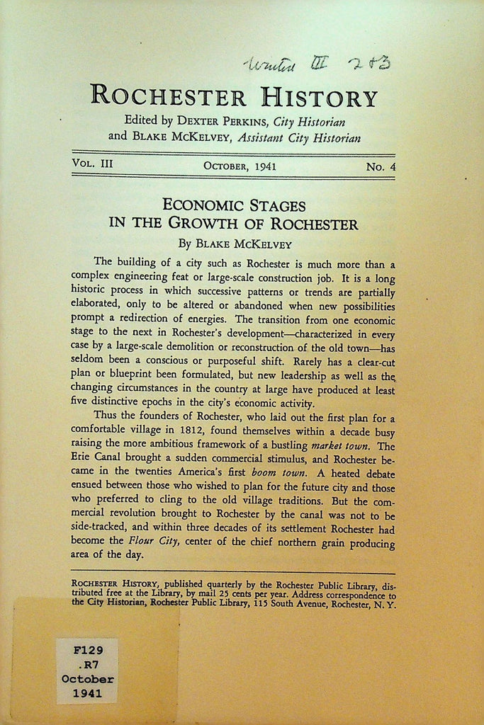 Rochester NY History October 1941 Economic Stages in Growth of Rochester0