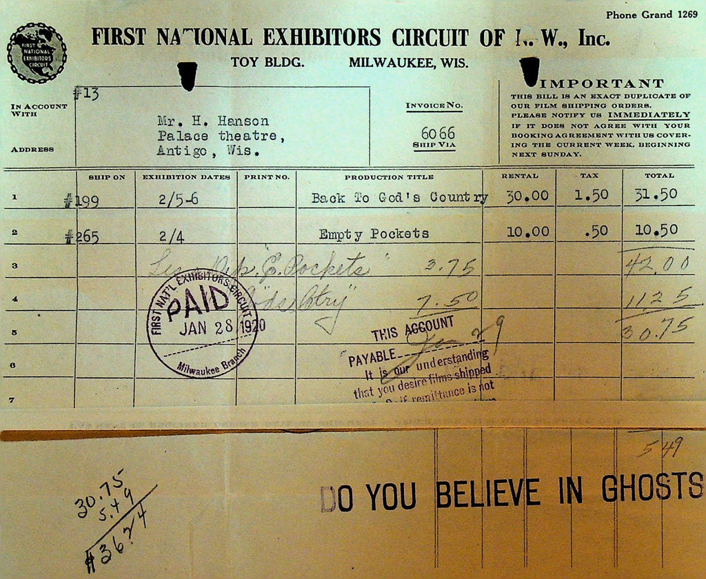 First National Exhibitors Circuit Invoice January 28 1920 Empty Pockets0