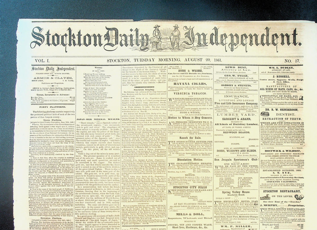 Stockton Daily Independent Newspaper August 20 1861 Civil War California0