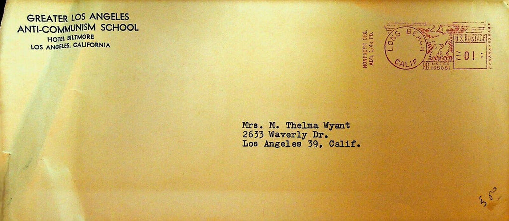 Greater Los Angeles Anti Communism School Cover Envelope 1950s