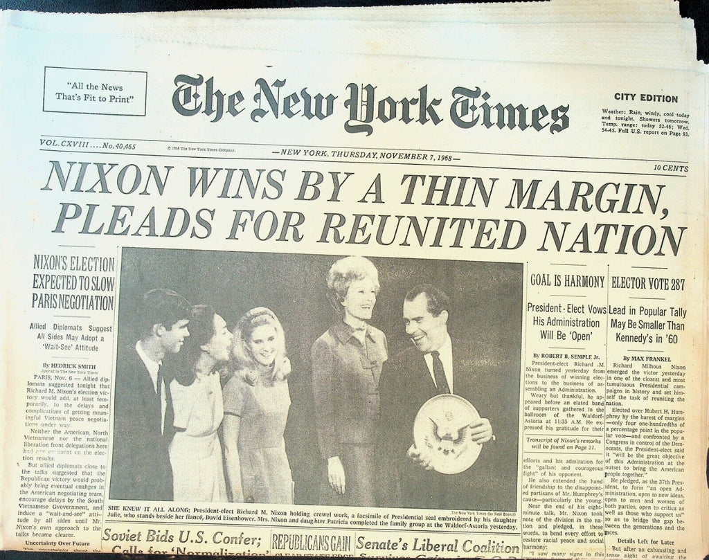 New York Times November 7 1968 Richard Nixon Elected President