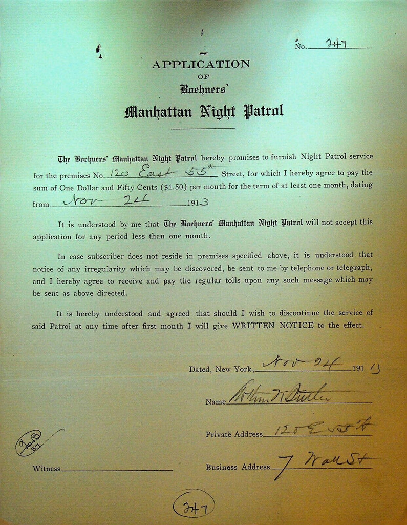 Boehners Manhattan Night Patrol Signed Contract 1913 Sutter 120 E 55th St