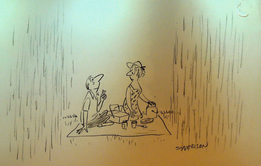 Henry S Syverson Original Art Man Crossing Fingers Rain at Picnic