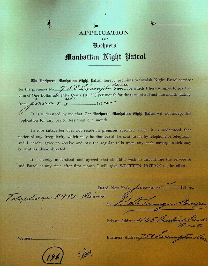 Boehners Manhattan Night Patrol Signed Contract 1912 RD Lange Company