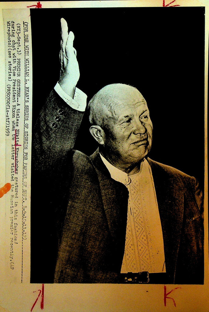 Nikita Khrushchev Wire Photo 1959 Tieless Gesture During Meeting with Nixon0