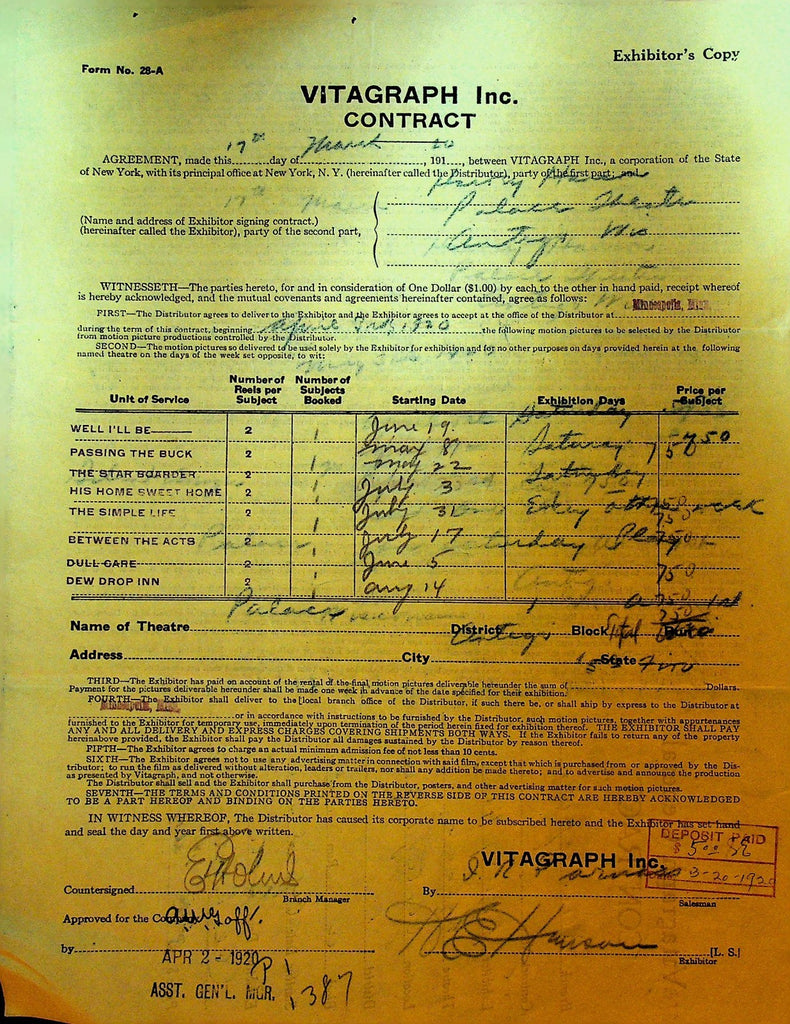 Vitagraph Contract March 17 1920 Dew Drop Inn Passing the Buck The Simple Life0