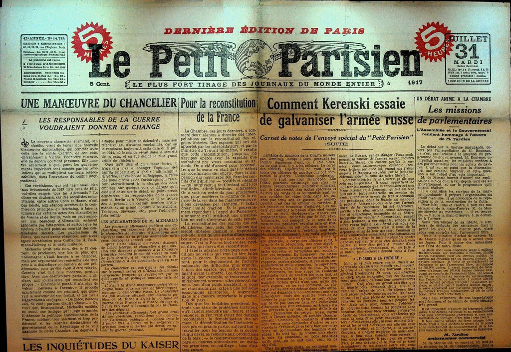 Le Petit Parisien WWI Newspaper France July 31 1917 Alexander Kerensky