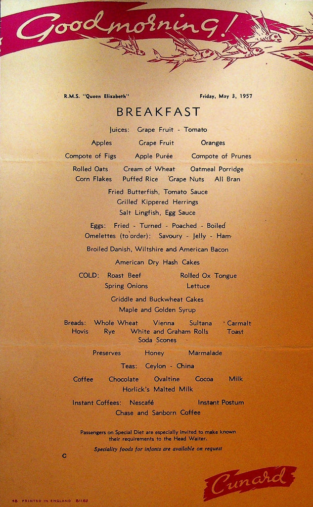 RMS Queen Elizabeth Cunard Lines Breakfast Menu May 3 19570