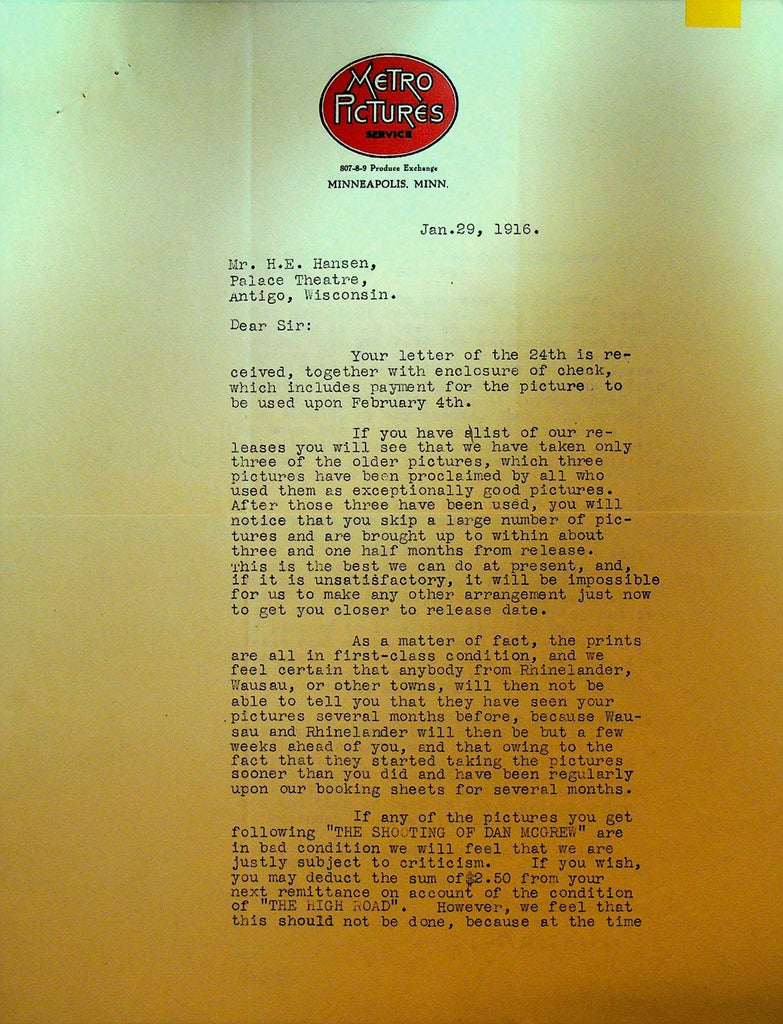 Metro Pictures Letterhead January 29 1916 The Shooting of Dan McGrew High Road0